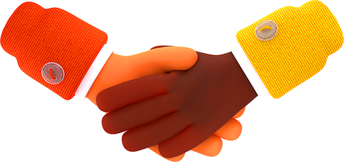3d render handshake icon. Business concept of international partnership, diversity, cooperation, agreement, successful deal. Black and white hands shake isolated Illustrationin cartoon plastic style
