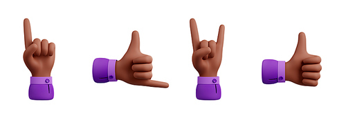 3D illustration set of African American hand signs. Business character pointing finger or pushing button, making call me, rock and roll, thumbs up gestures isolated on white. Body language