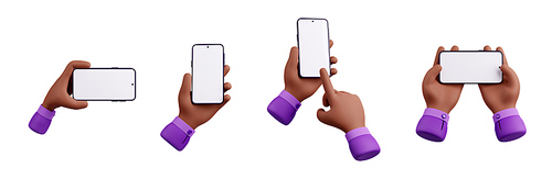 3D illustration set of african american hands using smartphone mockup isolated on white. Business character scrolling touch screen, chatting online, watching video on gadget, having online call