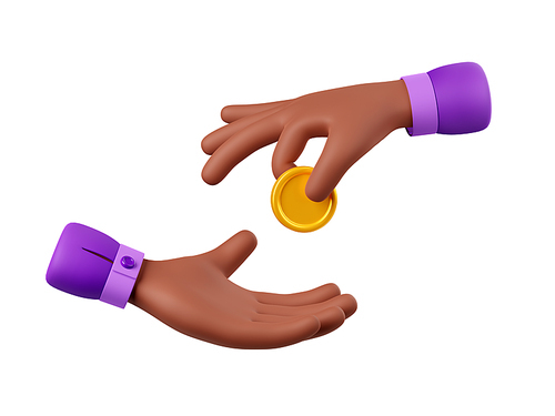 3D African American hands giving and taking golden coin isolated on white. Illustration of character making charity donation, paying for service giving tips, receiving payment in cash