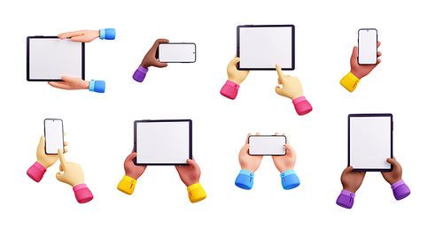 3D render set of hands with gadget mockups isolated on white. People scrolling smartphone and tablet touch screen in vertical, horizontal position. Using mobile apps, browsing internet