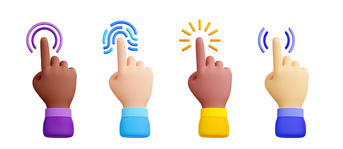 Computer cursor with hand and click icon. Diverse man arms with fingers press button, pointing or touch fingerprint scan, 3d render illustration isolated on white