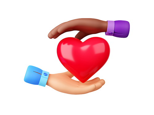 3d render black and white hands holding red heart. Gesture design for International Volunteer Day, charity, love, sympathy or like isolated Illustration on white background in cartoon plastic style
