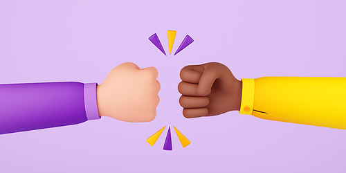 3d render black and white hands giving fist bump. Business concept of international partnership, friendship, teamwork cooperation and power gesture, isolated Illustration in cartoon plastic style