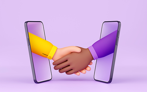 3d render handshake via smartphone screens. Black and white businessmen shaking hands after successful negotiation, online contract agreement, distant meeting Illustration in cartoon plastic style