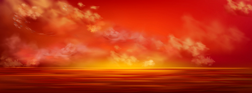 Sunset sky in sea, red clouds flying over calm ocean water surface. Nature landscape, picturesque background with beautiful evening horizon perspective view, Realistic 3d vector illustration
