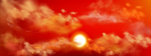 Realistic sunset sky with sun peek out of fluffy clouds. Beautiful heaven nature landscape, panoramic background, red bloody cloudscape evening view with shining Sol 3d vector illustration