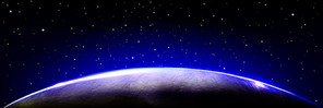 Earth or another planet edge in sunrise light on background of black sky with stars. Outer space with planet globe with blue glow of atmosphere on horizon, vector realistic illustration