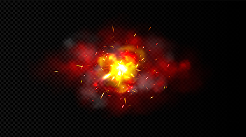 Light effect with red smoke, bomb explosion, weld sparks or metal cutting blade. Realistic firework, petard flare or steaming campfire. Bright electric circular saw, 3d vector flying sparkling embers