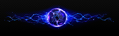 Electric ball with blue energy discharge strikes, round lightning or thunderbolt circle, plasmic sphere, powerful magic electrical isolated dazzle effect, Realistic 3d vector illustration