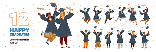 Set of 12 happy graduates isolated on white . Excited teen boys, girls in academic dress jumping, throwing tassel caps, dancing, celebrating successful graduation. Flat vector illustration