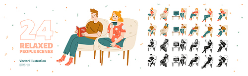Relaxed people rest at home. Man and girl sitting in chair sleep, read book, drink coffee, watch tv, use tablet and take selfie on mobile phone, vector black and white and colored hand drawn set