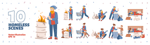 Scenes with homeless people, beggars living on city street. Hobo characters, sad needy mother with son and lonely man sleep on bench, dig in trash and begging, vector hand drawn illustration