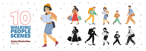Walking people scenes set. Woman with shopping bags, girl tourist with map, delivery man with backpack on skateboard, school boy and businessman, vector black and white, colored sketch illustration
