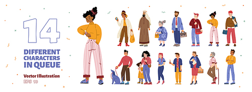 Different people standing in queue set. Diverse characters, students, arab man, elder persons, mother with girl, businessman and guy with dog waiting in line, vector hand drawn illustration