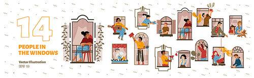 Set of happy people in windows. Flat vector illustration of men, women watering flowers, playing guitar, drinking wine with neighbor, dating, children playing with cat. Good neighborhood and support