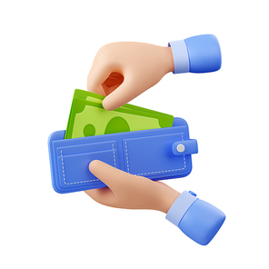 Human hand take out paper money cash from wallet. Concept of income, exchange, payment, economy with hand holding purse with paper dollar bills, 3d render illustration