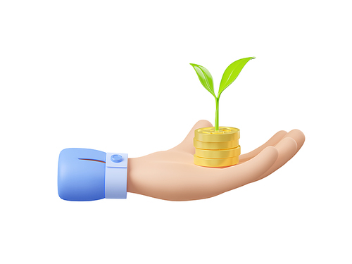 3D render hand with money and sprout isolated on white. Person holding stack of golden coins in palm and green plant growing. Investment in business growth, finance management concept
