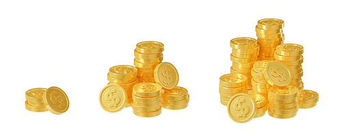 3d render growing golden coin piles. Financial concept with money stacks growth. Business investment, development, profit, salary or income increase Isolated illustration in cartoon plastic style