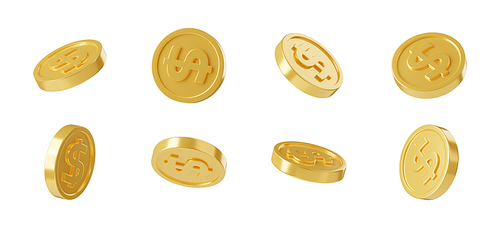 3D render dollar coin in different positions for animation isolated on white. Golden metal money front, side and back view illustration set. Finance, treasure, savings and success symbol