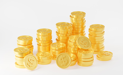 3D illustration of dollar coins pile isolated on white. Stack of golden metal money. Symbol of wealth and success, financial savings, treasure prize, gambling. Banking app design element