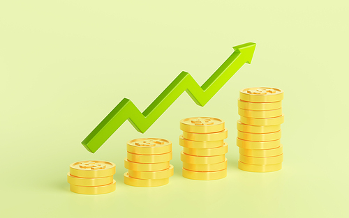 3d render with green grow arrow and coin stacks yellow background. Financial success, wealth and growth, investment, savings, stock or pension increase concept, illustration in cartoon plastic style