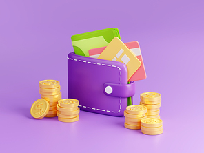 3d render wallet with plastic cards and golden coins around. Finance concept of money, cash, buy and pay, shopping, savings, cashless society illustration on violet background in cartoon plastic style