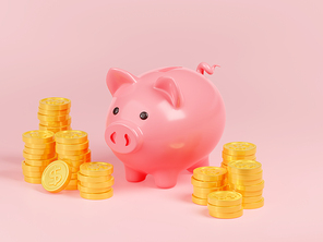 3d render piggy bank, money income, finance, savings concept with pig toy and golden dollar coins on pink background. Safe deposit, economy budget or pension, illustration in cartoon plastic style