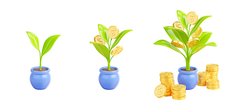 3D render set of sprout growing into money tree with golden coins isolated on white. Concept of long-term investment, successful business development, startup company, smart budget planning