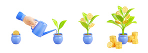 Money tree growth 3d render concept with hand hold can watering plant with gold coins in pot. Investment, financial management, wealth, savings, pension Isolated illustration in cartoon plastic style