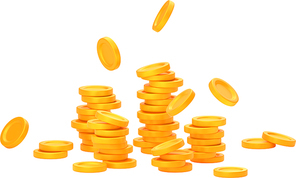 Money rain background with stacks of gold coins and falling. Concept of treasure, wealth, finance, profit, casino jackpot. Flying and piles of golden coins, 3d render illustration