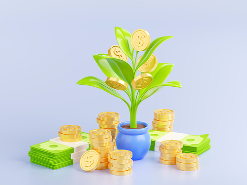 Money tree 3d render concept with potted plant with gold coins on branches and scatter around with dollar bills. Investment, financial wealth, savings, isolated illustration in cartoon plastic style