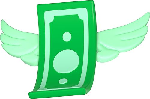 Money bill, green dollar banknote with wings isolated on white. Finance icon, concept of payment, inflation, shopping, savings with flying paper cash, 3d render illustration