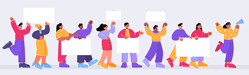 Protest demonstration, strike, march of people holding blank banners. Vector flat illustration of picket participants, activists with empty posters and megaphone