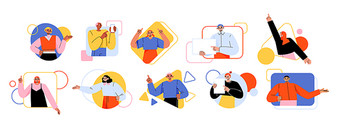 Set of pointing people avatars in geometric figures. Characters point gestures, happy persons showing with fingers in round, rectangular, triangular and square icons Line art flat vector illustration