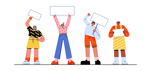 Rally, protest concept, people with placards and banners on rally demonstration or strike. activists holding signs fighting for their rights, crowd picketing on riot, Line art flat vector illustration