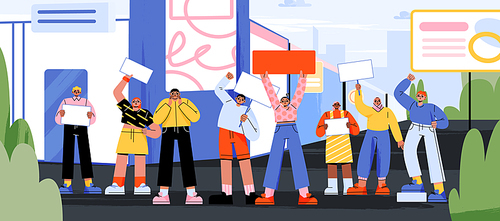 People activists protest on demonstration on city street. Group of diverse angry characters holding white blank banners and placards, vector flat illustration