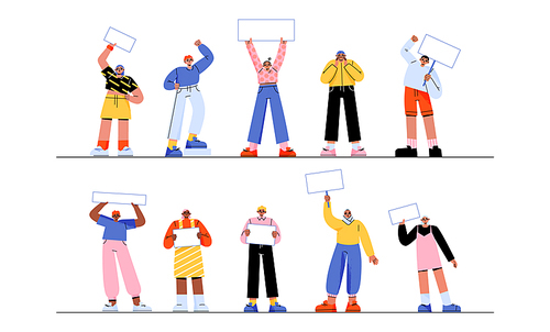 Protest people with placards and banners on rally demonstration or strike. Characters holding empty signs fighting for their rights, activists crowd picketing on riot, Linear flat vector illustration