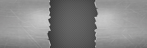 Metal rip hole, horizontal background, frame with ragged edges. Isolated industrial border, crack, cut damage on steel sheet, wall or plate, design element Realistic 3d vector illustration, clip art