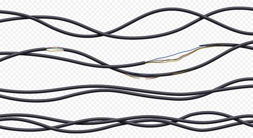 Electric wires, power cables in black plastic tubes. Curved 3d flexible wires, broken and torn energy cables isolated on transparent background, vector realistic set