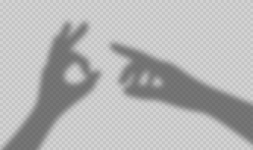 Shadow hand, human arm shades, ok and pointing gestures overlay effect isolated on transparent background. Person show okay and point gesticulation signs on wall Realistic vector illustration