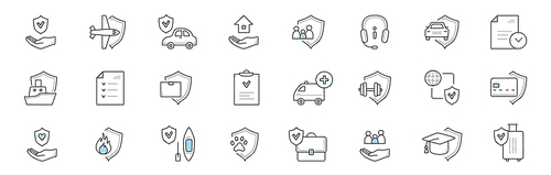Insurance service doodle icons. Vector signs health, life and property protection. hand with shield, airplane, car, house and family protection. Operator headset, policy document, ship, ambulance