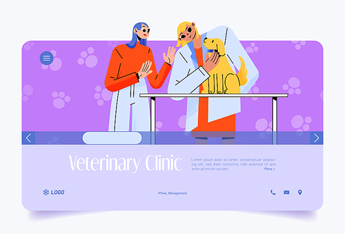 Veterinary clinic web banner, pet owner with dog visit hospital, veterinarian doctor checking cute puppy on table. Domestic animals health care and medicine concept, Line art flat vector illustration