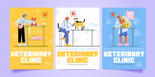 Veterinary clinic banners set flat illustration. Vector design of male and female doctors examining, listening with stethoscope sick dogs in vet hospital. Animal disease treatment. Pet health services