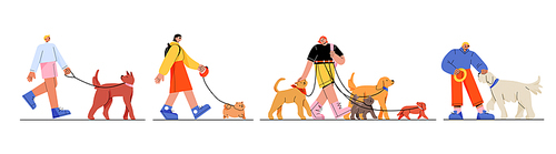 Happy people walking dogs on leash. Flat vector illustration set of young men and women in casual clothes training, playing, having fun with pet animals of different breeds. Active leisure, friendship