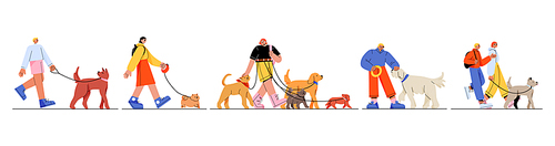 People walking with dogs on leash. Flat young male and female characters smiling, training, playing, hsoending time with pet animals of different breeds. Active lifestyle. Vector illustration set