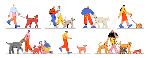 People walk with dogs, male and female owners characters walking, playing and spending time with pets isolated set. Leisure, communication, love, care of animals, Line art flat vector illustration