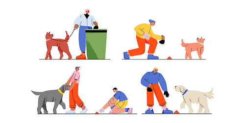 People walk with dogs, pick up poop in bag and throw in trash bin. Pet owners characters cleanup canine excrements while walk in park or city, vector flat illustration