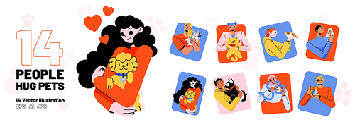 Set people hug pets square icons, young men and women holding dog, cat, parrot or guinea pig, snake, rat and rabbit on hands. Human characters cuddle with home animals, Linear flat vector illustration