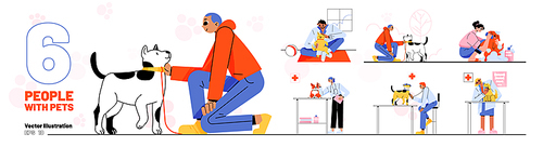 Set of people with pets. Male and female characters care of dogs, walk, play, wash or visit veterinary clinic together. Leisure, communication, love to animals. Linear flat vector illustration, set